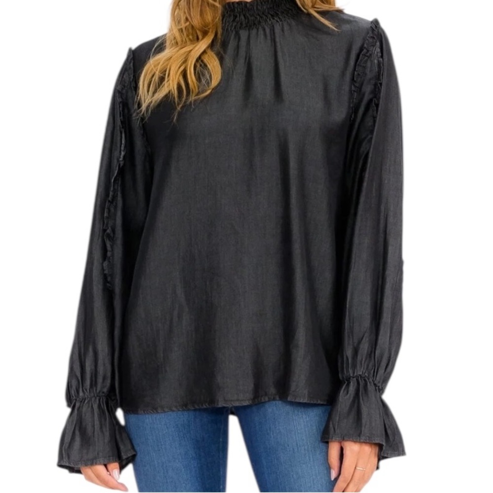 Coco Kelly Tencel Chambray Renaissance Ruffle Sleeve Blouse in Charcoal Black